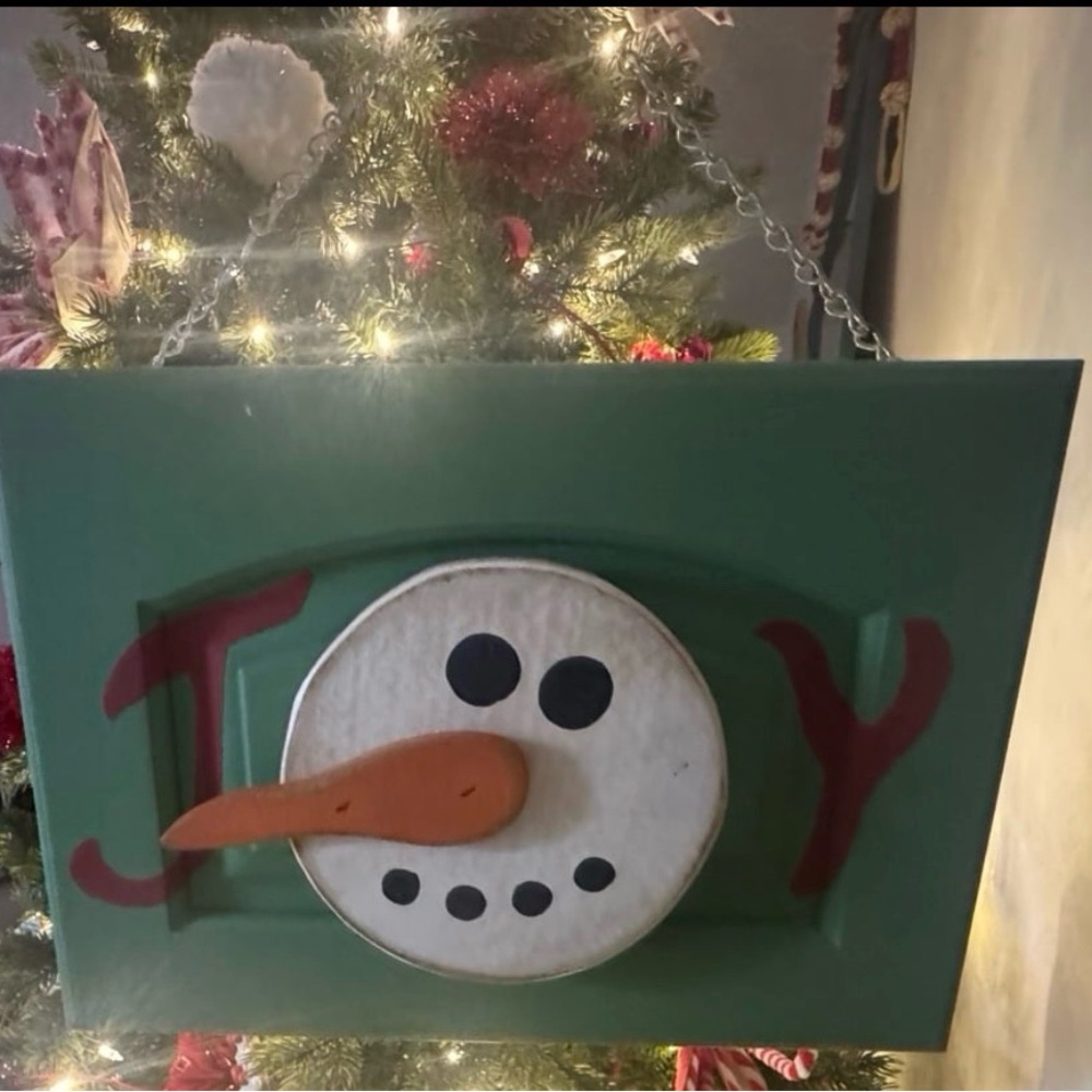 Festive Snowman JOY Sign - Green and White, handmade wood cabinet door